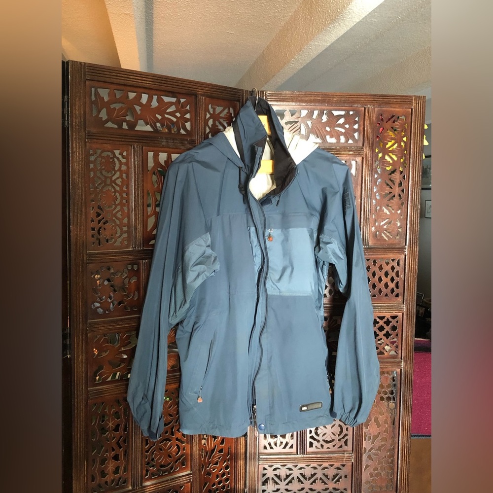 REI rain jacket. Blue and white. Mens medium